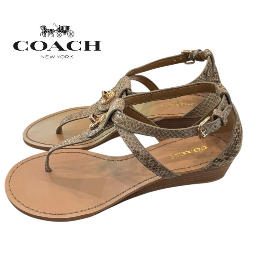 New Coach Ingrid Natural Print Snake Thong Wedge Sandals 5.5